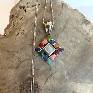 Sterling Silver 925 Southwest Style Multi Gemstone Pendant Necklace 18" Chain
